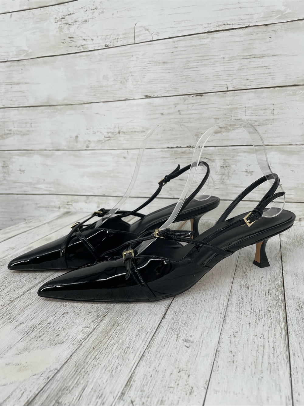 Ann Taylor Black Patent Leather Slingback Strappy Kitten Heels Size 9.5M Classic